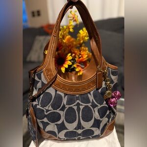 Coach Signature Denim Ergo Shoulder Hobo Bag with wristlet charm & dust bag
